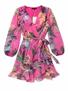 Alex Marie Laurel Tropical Floral Chiffon Wrap Dress V Neck Tie Waist Pink 6 NWT